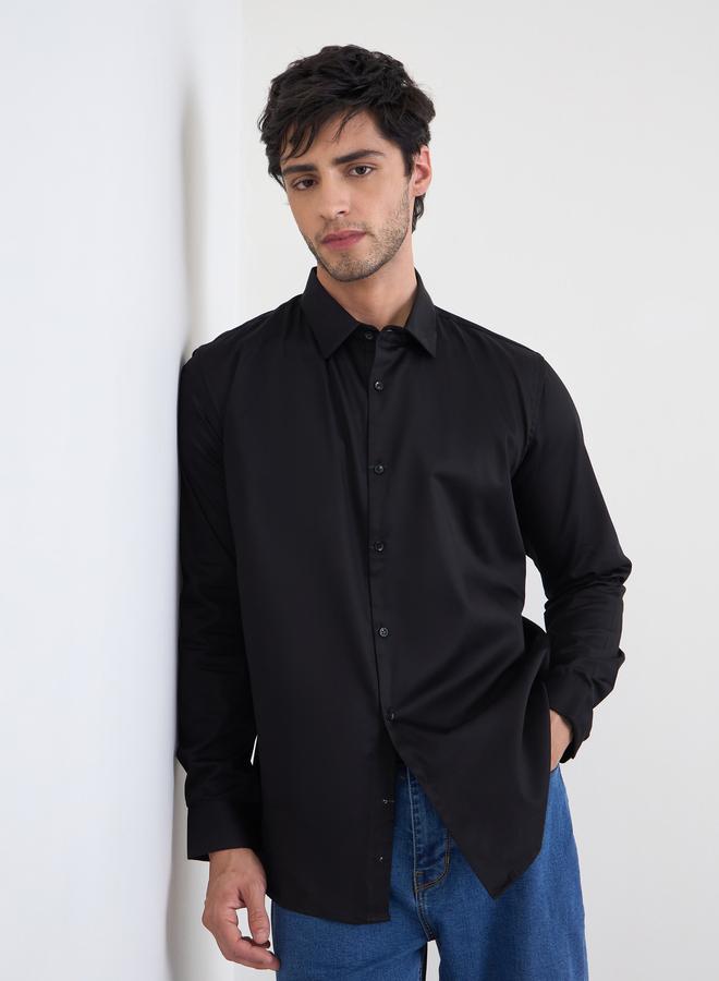 Styli Men Black Solid Cotton Slim Fit Shirt - Image 4